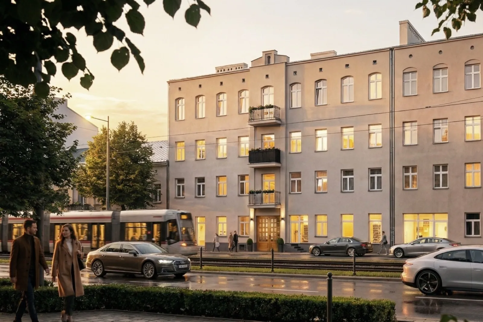 Kamienica Kamionek - fasada od ulicy Grochowskiej o zmierzchu